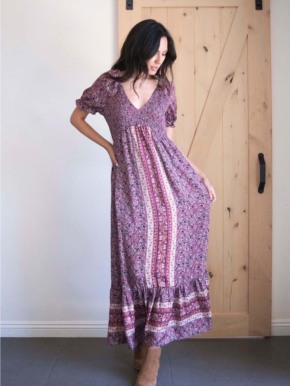 Coco + Jaimeson Placement print short sleeve smocked maxi dress